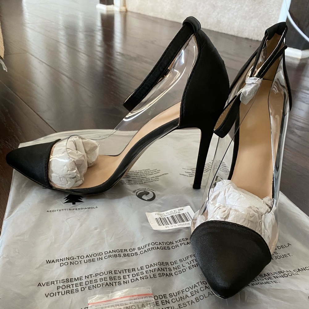 Clear & Black Satin Toe Pumps w/ ankle strap